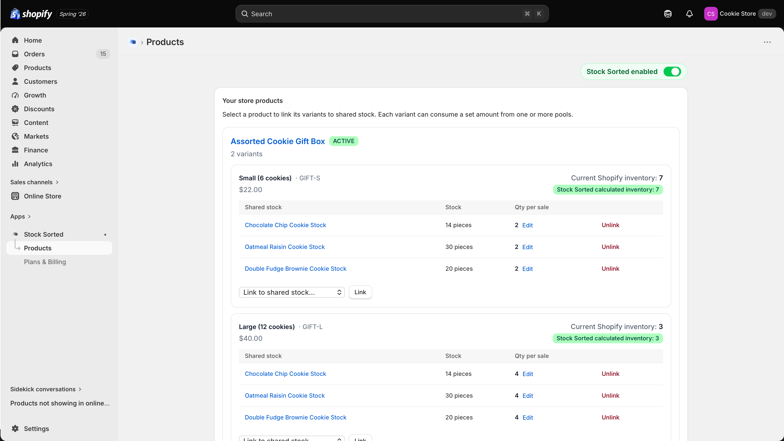 Products page showing Stock Sorted calculated inventory vs Shopify
